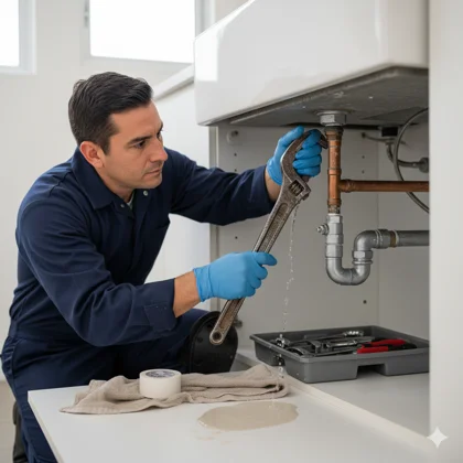 Plomero reparando fuga de agua en tubería con herramientas profesionales en Los Mochis